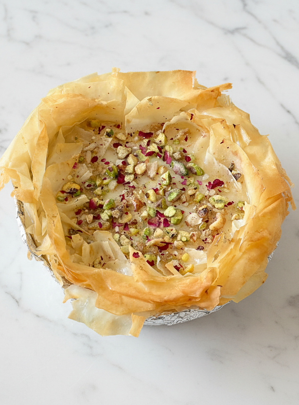 Fusion Baklava Cake with pistachios and honey-rose syrup — artisanal custom cake Mississauga