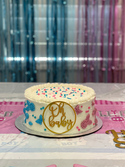 Elegant gender reveal cake with pink or blue hidden centre — handmade custom cake Mississauga and Brampton