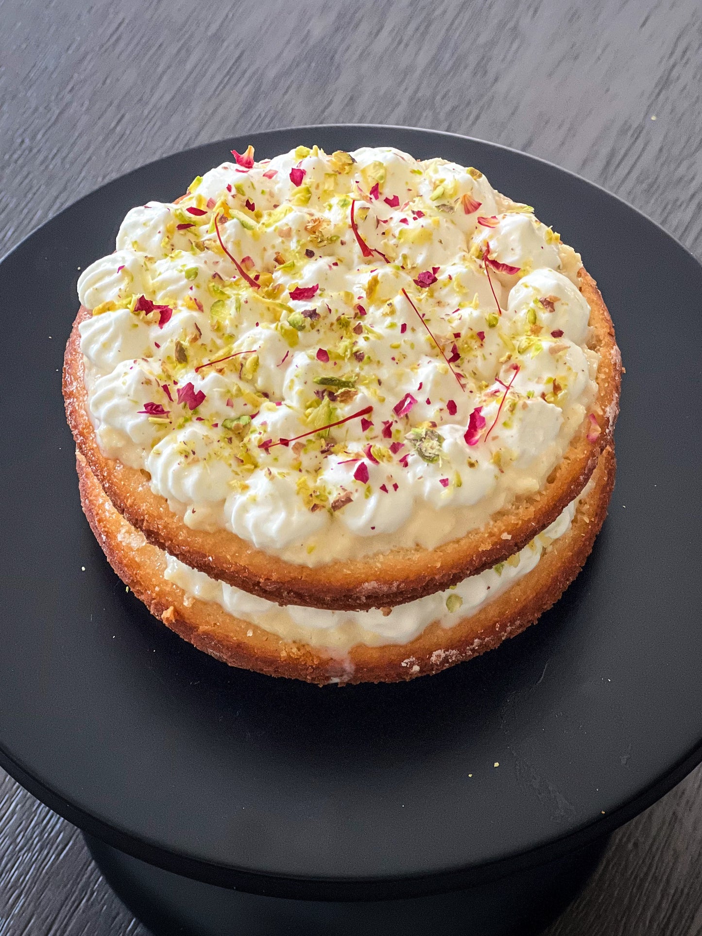 Artisanal Rabri Malai cake with saffron and cardamom — South Asian fusion custom cake delivery Mississauga Brampton